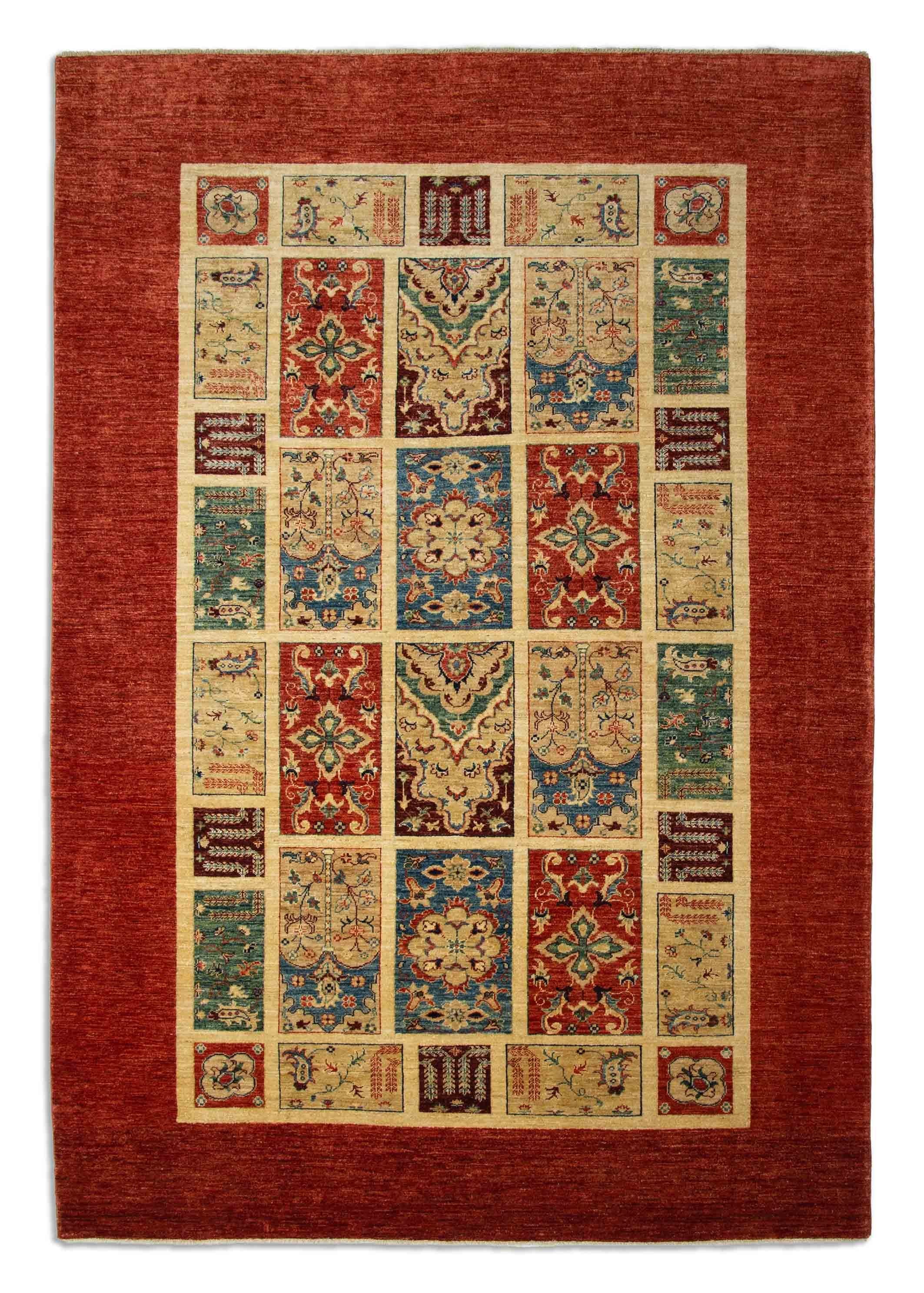 Eine Fotoaufnahme eines Bakhtiari Feldermuster Teppich Teppichs.