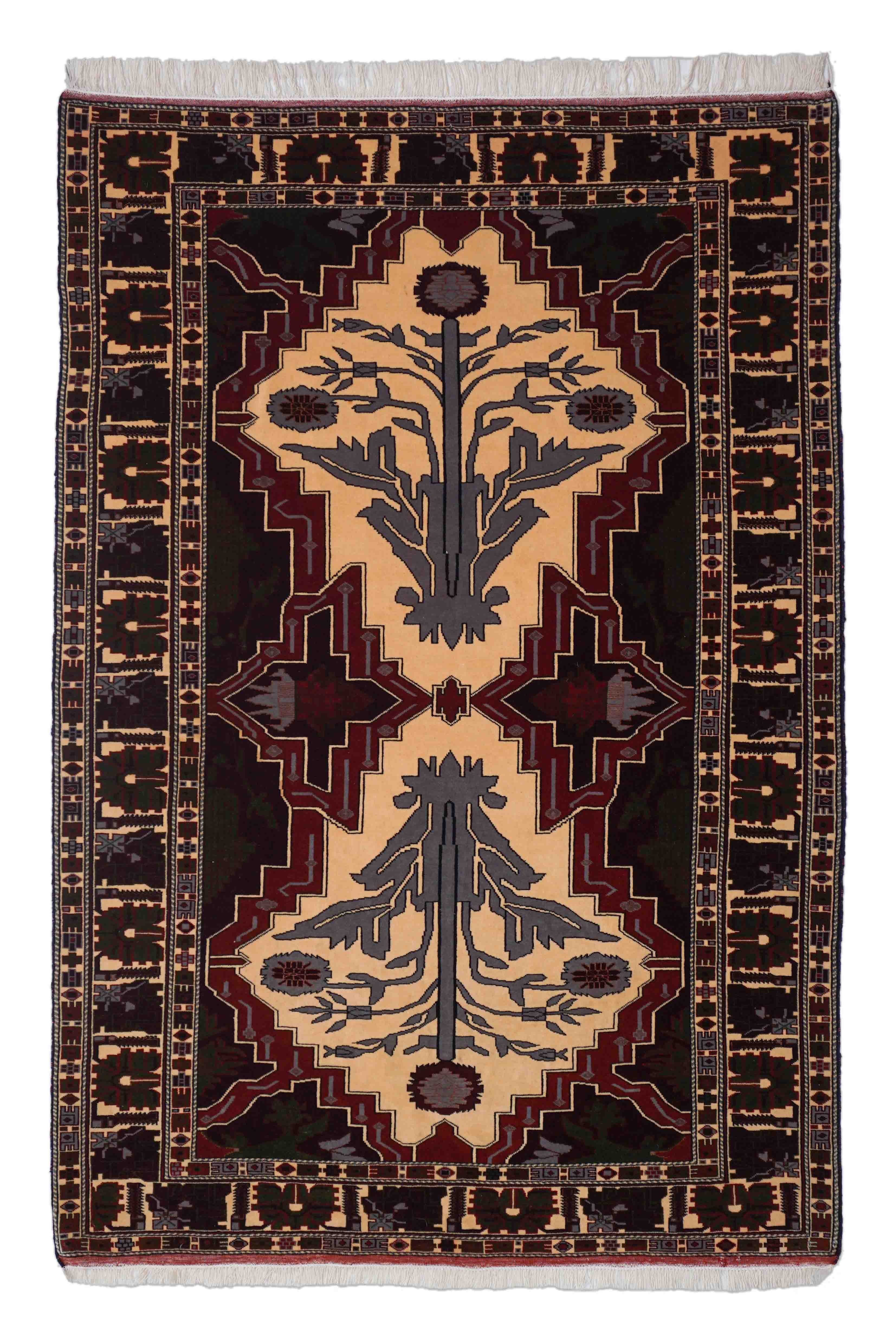 Eine Fotoaufnahme eines Turkmenischer Teppich Teppichs.