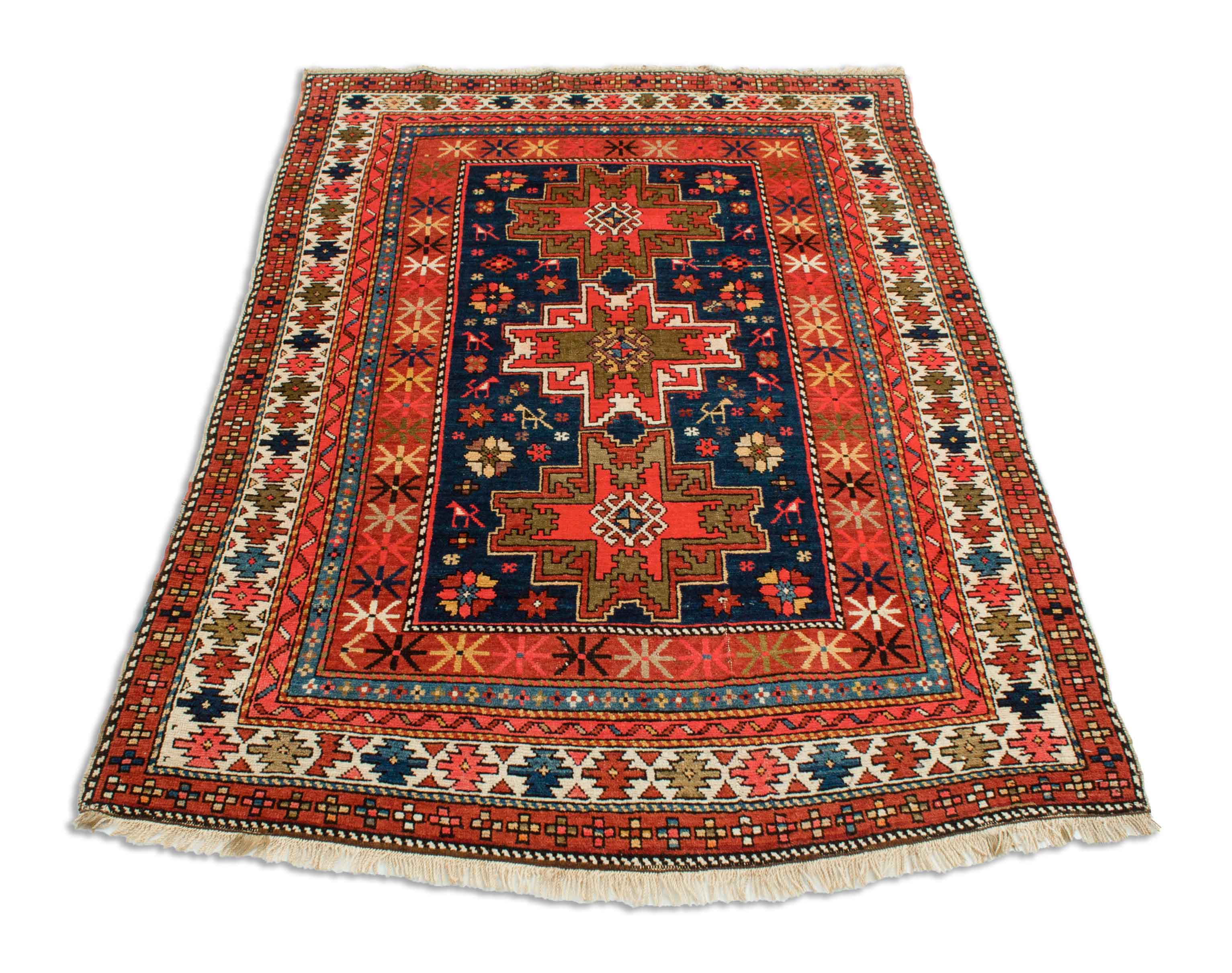 Antiker Schirwan Leski in dunkelblau, rot und 180 cm x 123 cm groß