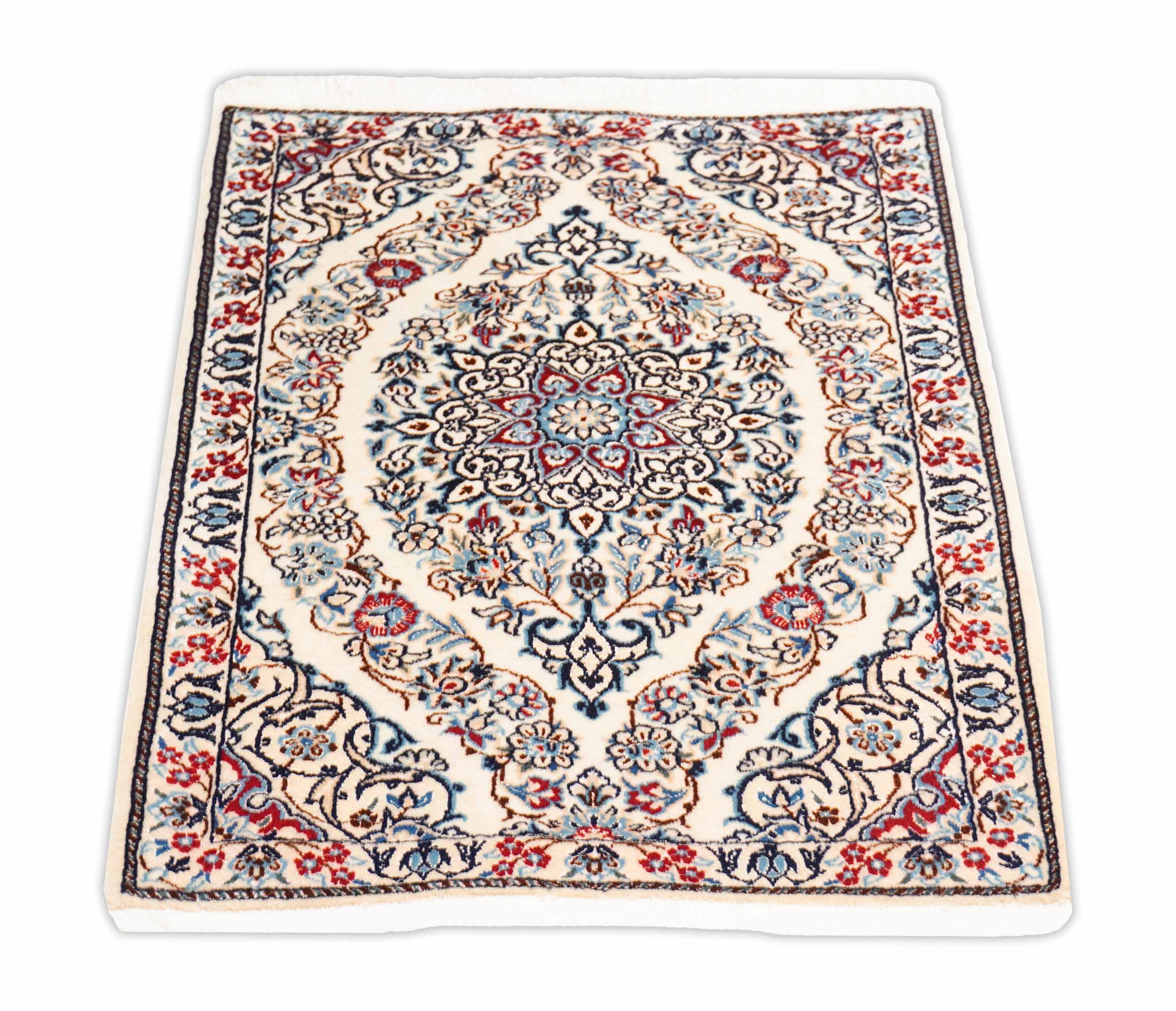 Floraler Nain Teppich mit Bordüre, in beige, hellrot und 77 cm x 52 cm groß