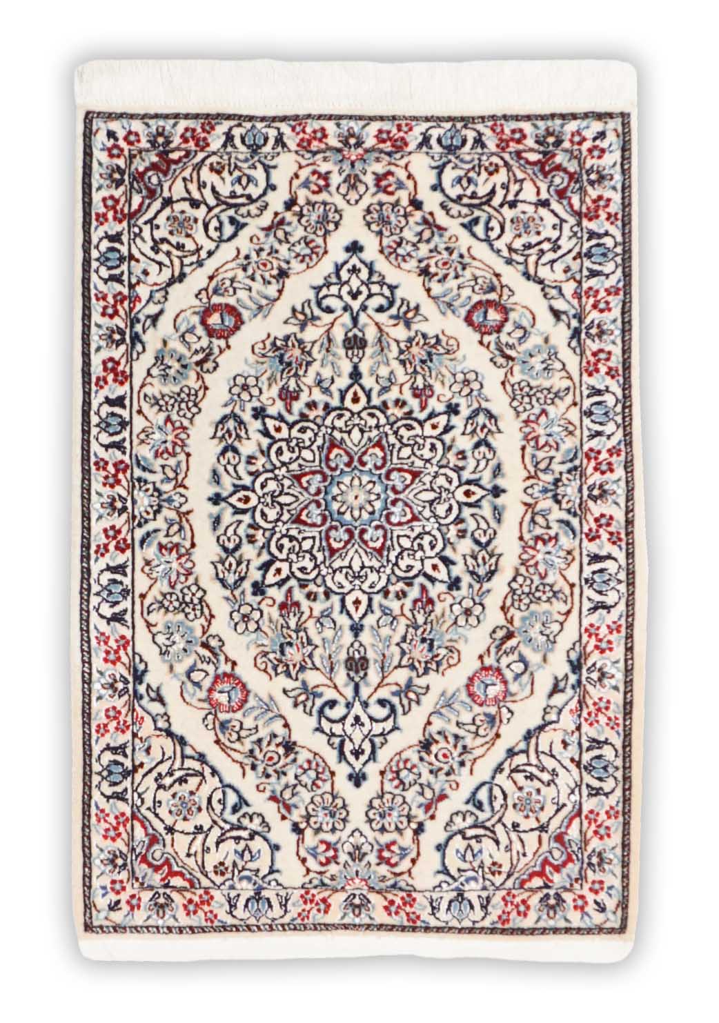 Floraler Nain Teppich mit Bordüre, in beige, hellrot und 77 cm x 52 cm groß