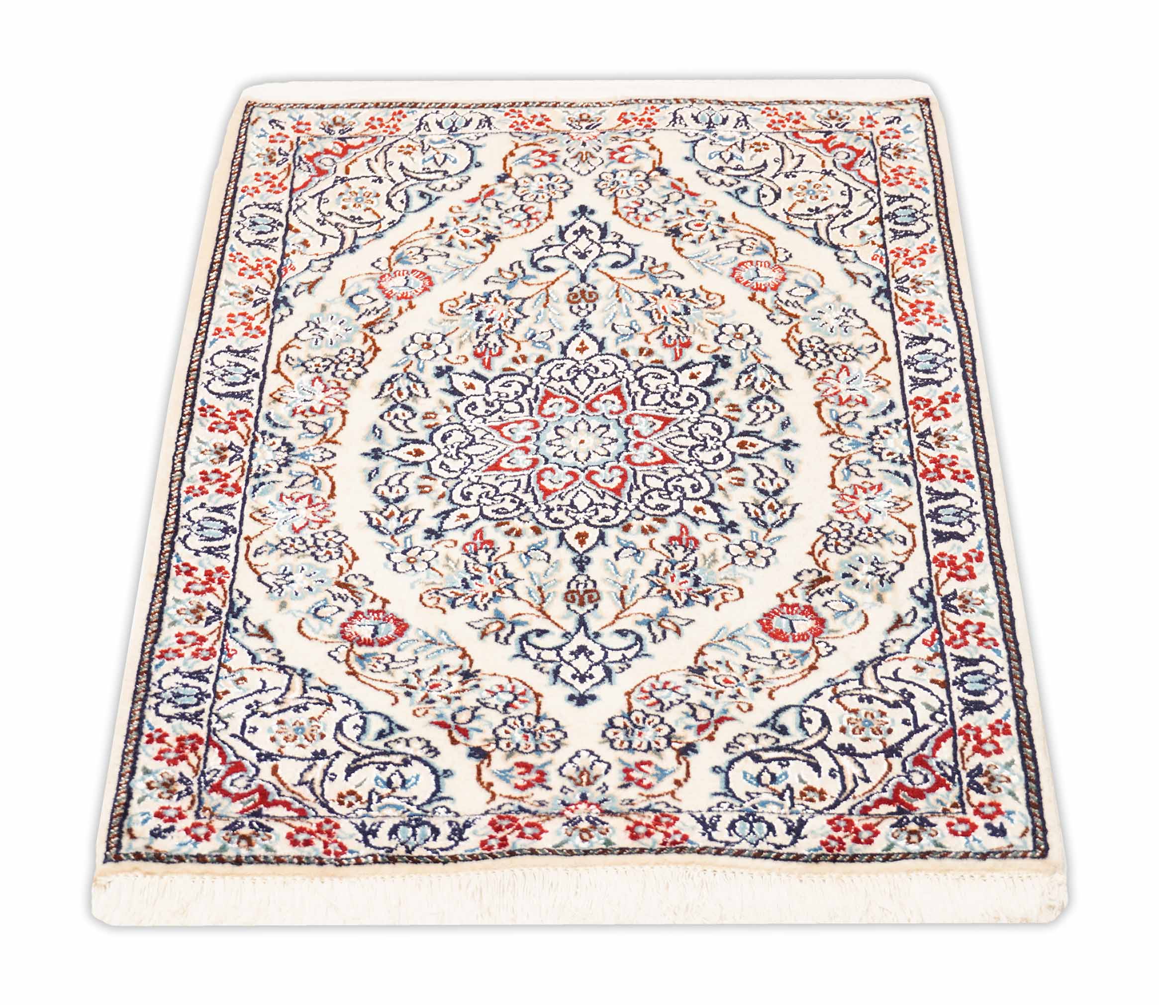 Floraler Nain Teppich mit Bordüre, in beige, hellrot und 77 cm x 52 cm groß