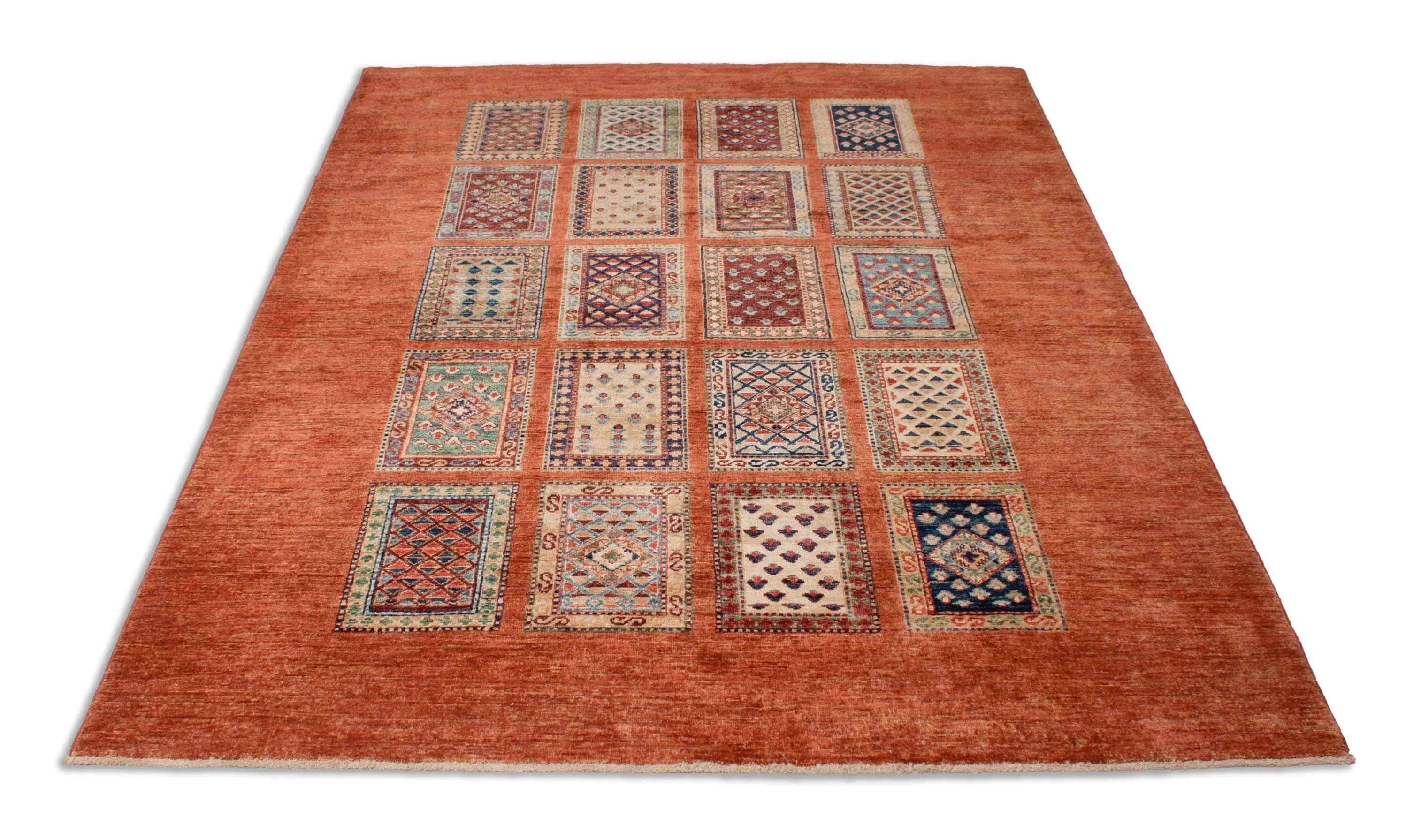 Eine Fotoaufnahme eines Bakhtiari Feldermuster Teppich Teppichs.