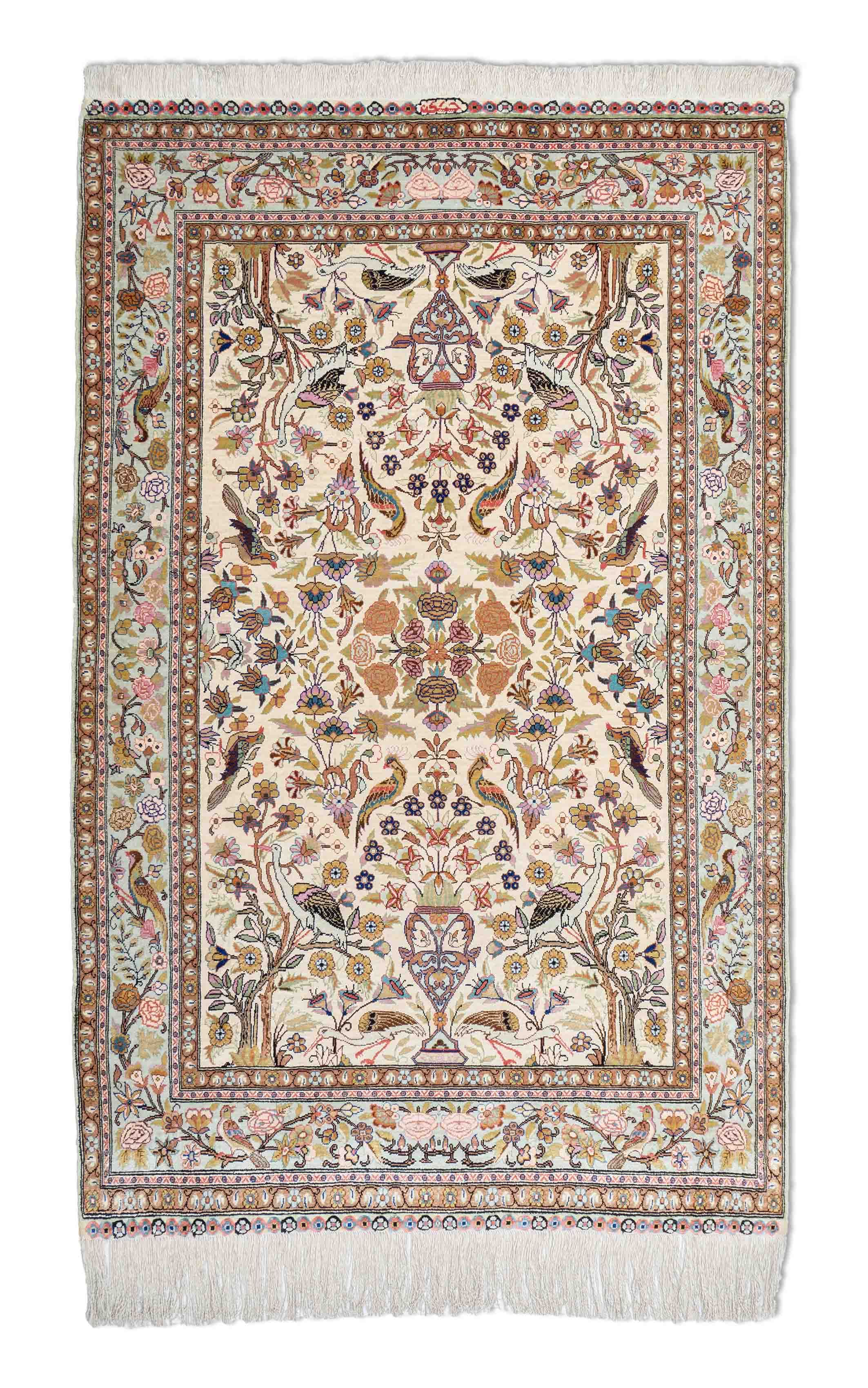 Florale Hereke Teppich aus reiner Seide in cremeweiß und 156 cm x 90 cm groß