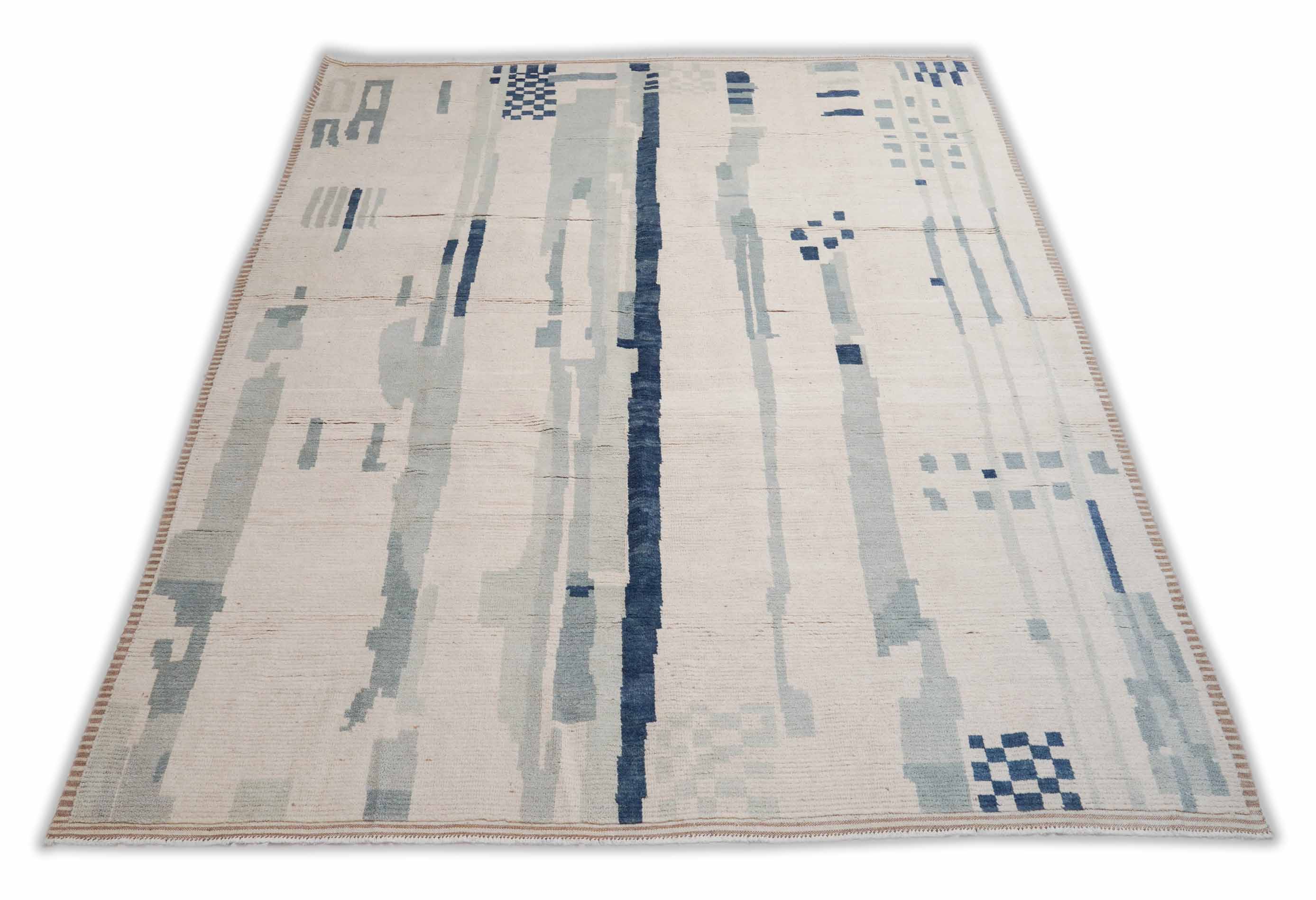 Melierter Beni Berber Teppich in cremeweiß, hellblau und 308 cm x 246 cm groß