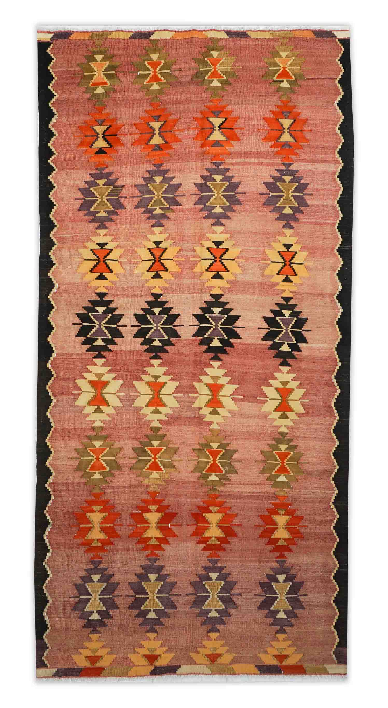 leicht eingerahmter Kelim Teppich in dunkelrot und 310 cm x 154 cm groß